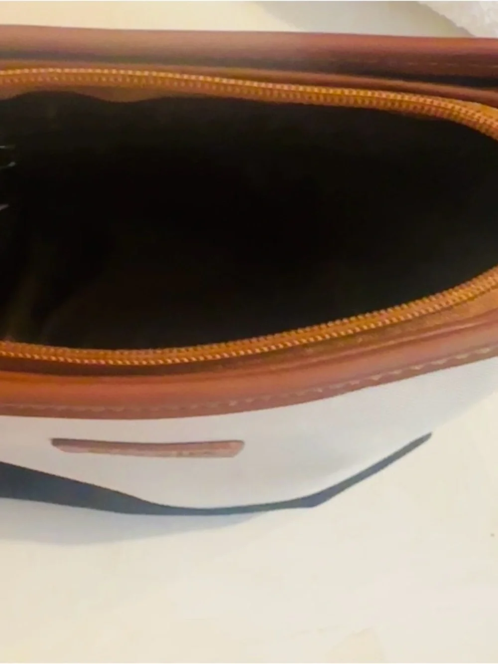 Ovi Cream and Black Canvas Tote with Brown Leather Trim